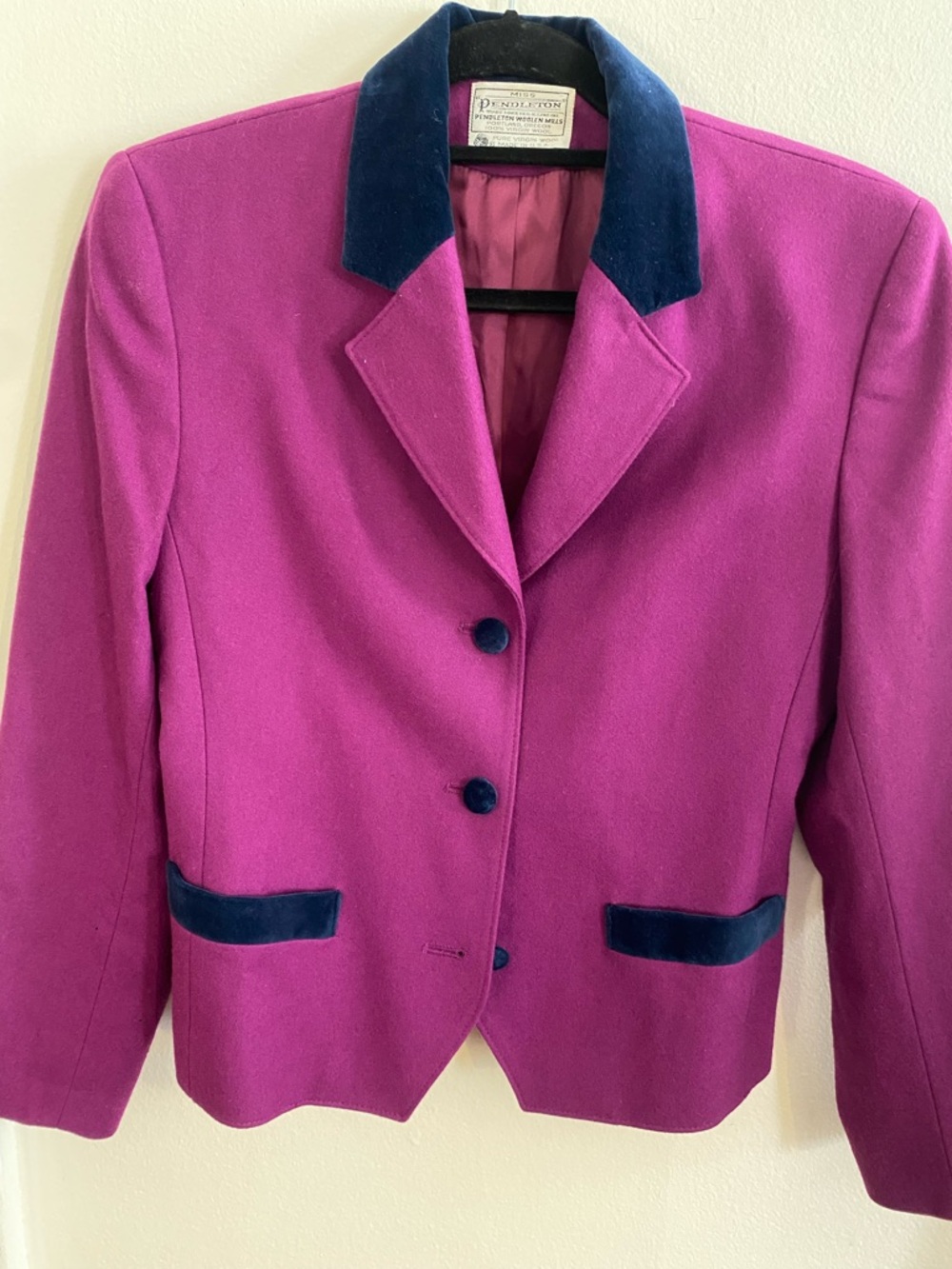 Pendleton Magenta Wool Blazer with Navy Velvet Trim
